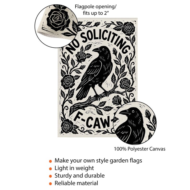 K&ouml;nnte beinhalten: Rechteckige Gartenflagge mit einem schwarzen Raben auf einem Ast, umgeben von Rosen. Die Flagge zeigt "NO SOLICITING" und "F-CAW". Hergestellt aus 100 % Polyester-Leinwand, passend f&uuml;r eine Fahnenstange bis zu 5 cm.