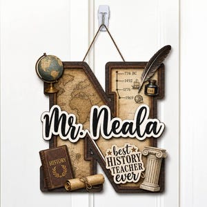 May include: A wooden wall hanging shaped like the letter N, featuring a vintage map background, a globe, a quill, an inkwell, a history book, a scroll, and a column. It displays the text Mr. Neala and best HISTORY TEACHER ever.