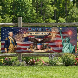 May include: A banner celebrating America's 250th anniversary, featuring the American flag, fireworks, and the Statue of Liberty. The banner includes an image of George Washington and an eagle with a shield. The text reads "America 250th Anniversary Est. 1776".