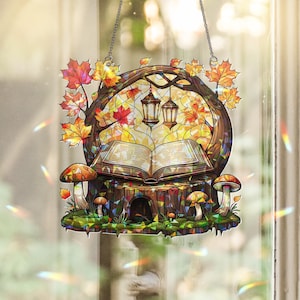 Autumn Book Nook Acrylic Window Hanging | Fall Fairy Forest Decor with Lanterns, Leaves & Mushrooms | Cozy Seasonal Window Art