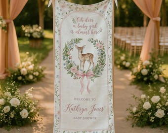 Personalized Linen Polyester Linen Tapestry: Baby Shower Sign, Oh Deer Welcome Banner