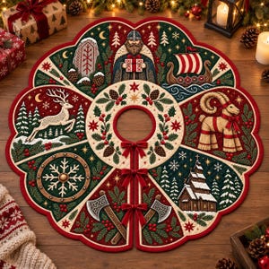 Puede incluir: Una falda de árbol de Navidad acolchada y circular con borde festoneado y una abertura central con tres lazos rojos. El diseño incluye ilustraciones de un vikingo, un barco vikingo, un ciervo, un carnero, una iglesia de madera, hachas y un copo de nieve.