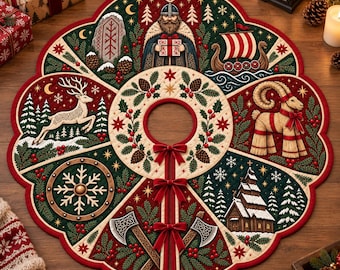 May include: A circular Christmas tree skirt featuring a scalloped edge and a central opening with three red velvet bows. The design includes panels depicting a Viking figure, a longship, a straw goat, a stave church, axes, a snowflake, and a deer.