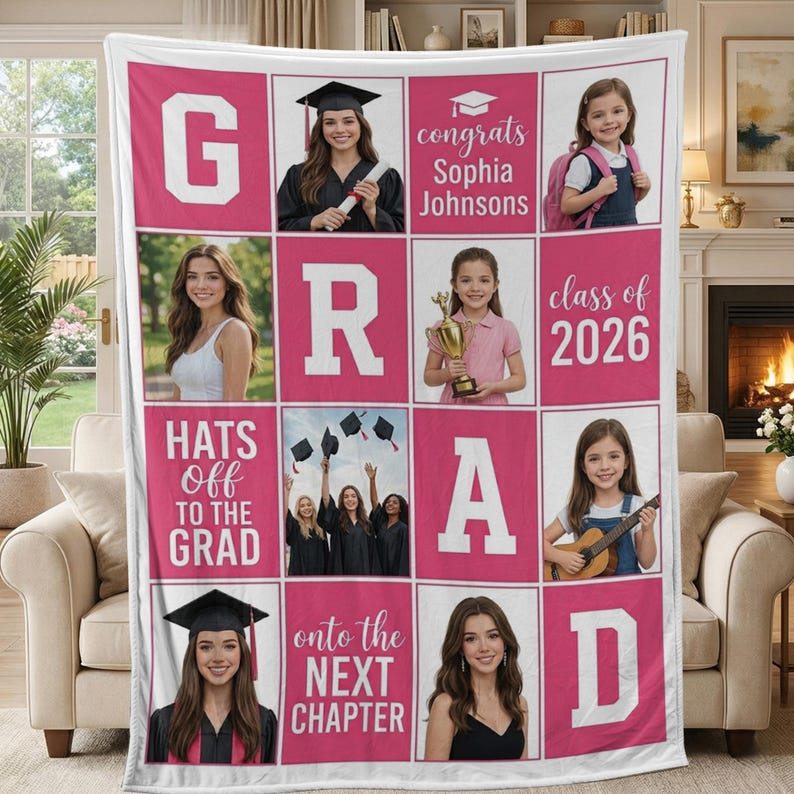 Custom Fleece Blanket: Graduation Photo Collage Pink Throw - Etsy