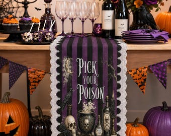 Pick Your Poison Halloween Table Runner: Purple Stripe Lace Trim Linen Decor