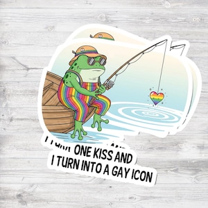 Gay Icon Frog Sticker – Funny LGBTQ Pride Frog – Rainbow Fishing Sticker – Queer Cottagecore Vinyl Decal