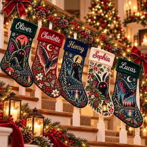 May include: Five personalized Christmas stockings hanging in a row, each featuring a unique moth illustration, festive botanical accents, and a name embroidered on the cuff: Oliver, Charlotte, Henry, Sophia, and Lucas.