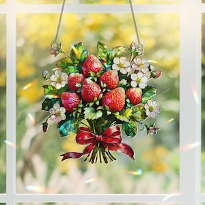 Strawberry Bouquet Hologram Acrylic Window Hanging | Cute Summer Suncatcher | Fruit Lover Kitchen Decor | Cottagecore Window Art