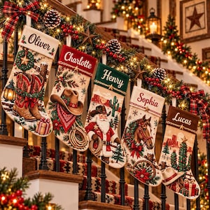 May include: Five personalized Christmas stockings hanging on a staircase railing. Each stocking features a unique Western-themed illustration, including cowboy boots, a hat, Santa Claus, a horse, and a cactus, with names Oliver, Charlotte, Henry, Sophia, and Lucas.