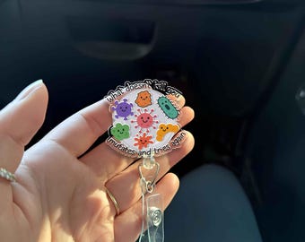 Cute Germs Badge Reel, 'What Doesn't Kill You Mutates' Funny Retractable ID Holder, Gift for Nurse Doctor Lab Tech Scientist Medical