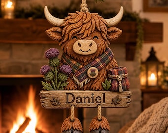 Personalized Highland Cow Dangling Ornament: Scottish Tartan Thistle Wooden Shelf Sitter