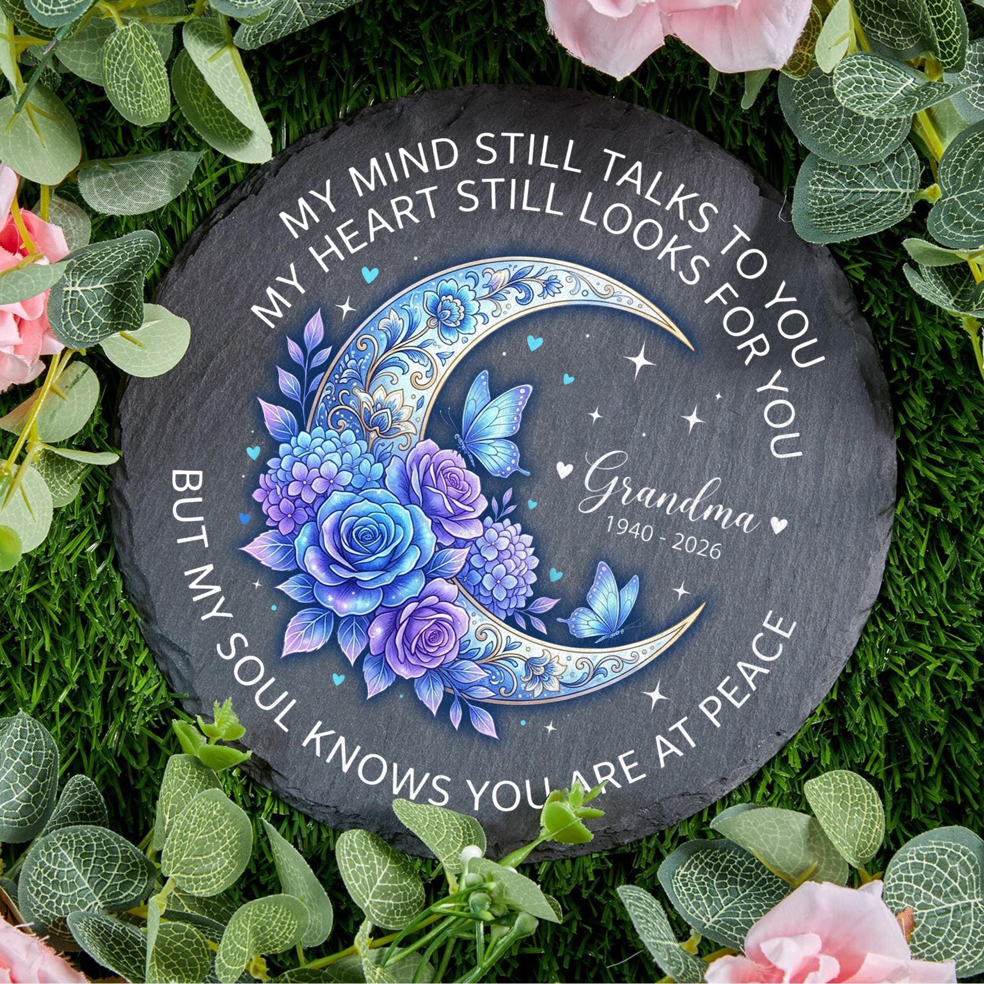 Personalized Memorial Garden Stone: Custom Slate Grave Marker Floral Moon Plaque