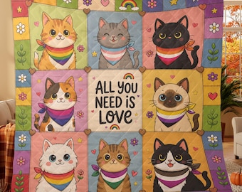 LGBTQ Pride Cat Quilt Blanket: Rainbow Patchwork Throw, All You Need Is Love