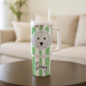 Personalized Dog Tumbler 40oz | Custom Pet Portrait Tumbler with Handle & Straw | Dog Mom Gift | Dog Lover Large Travel Tumbler