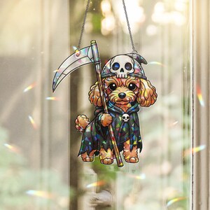 Acchiappasole a forma di cane mietitore - Decorazione in vetro colorato con cucciolo di Halloween - Arte spettrale per finestre con animali domestici