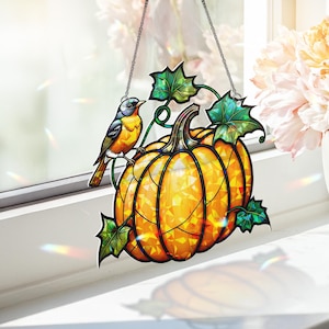 Pumpkin Bird Acrylic Window Hanging | Fall Decor for Windows | Autumn Harvest Suncatcher | Seasonal Hanging Decoration Gift Idea