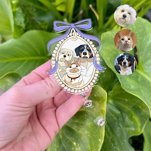 Custom Pet Portrait Badge Reel | Personalized Dog & Cat Illustration ID Holder | Cute Vintage Cameo Frame Gift for Nurse, Vet, Teacher
