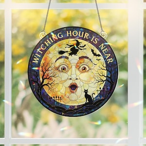 Witching Hour Is Near Stained Glass Suncatcher, Halloween Moon and Witch Window Hanging, Spooky Black Cat Decor