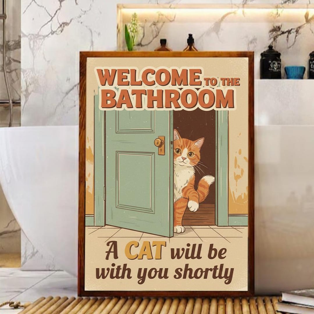 Cat Bathroom Poster – Funny Wall Art Print With Orange Cat and Retro ...