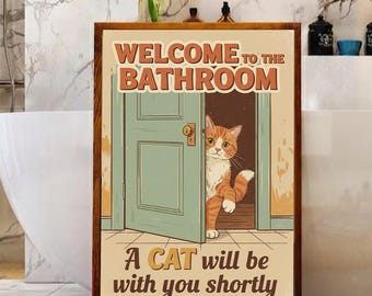 Cat Bathroom Poster – Funny Wall Art Print with Orange Cat and Retro Door Design