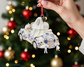 Personalized “Just Married” Car Ornament – Classic Wedding Car Hanging Decoration with Names & Date