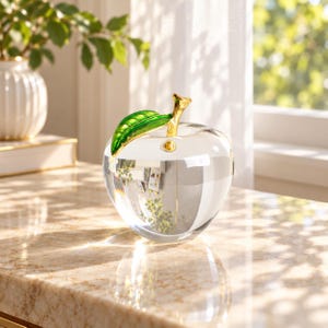 May include: A clear glass apple figurine featuring a polished gold-tone stem and a vibrant green enameled leaf. The apple has a smooth, rounded shape and sits as a decorative object, reflecting light through its transparent body.