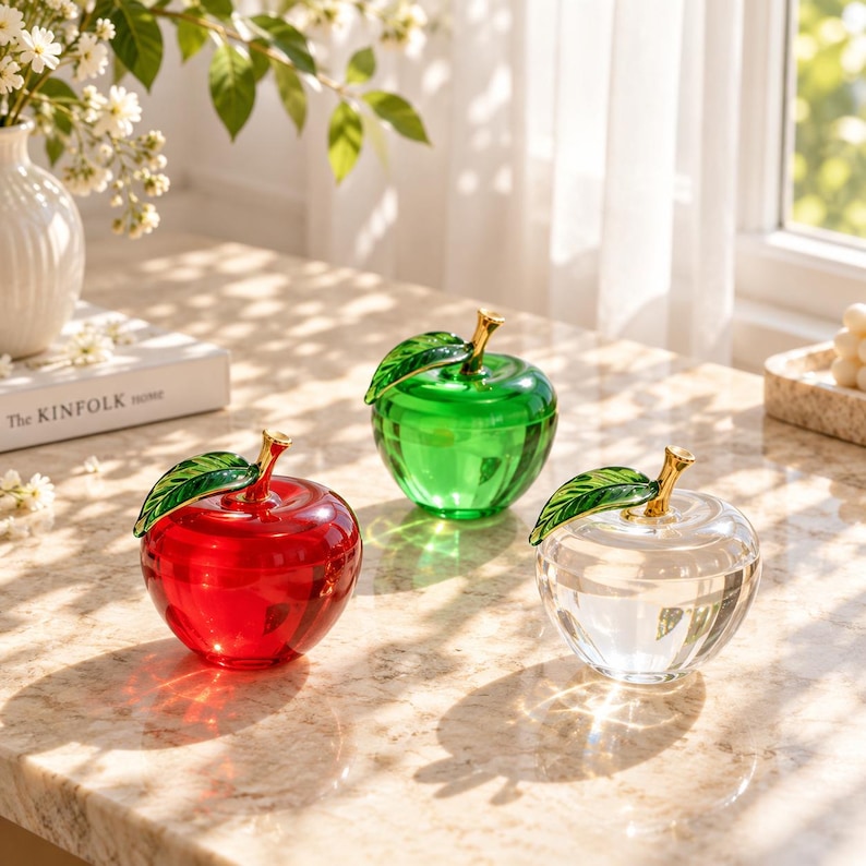 May include: Three glass apple-shaped decorative ornaments in red, green, and clear glass. Each apple features a metallic gold stem and a single green leaf. The apples are smooth, translucent, and reflect light on their rounded surfaces.