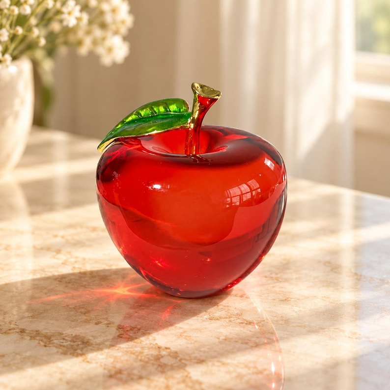 May include: A translucent red glass apple figurine featuring a smooth, rounded body. The top of the apple is adorned with a vibrant green glass leaf and a metallic gold-toned stem, creating a clear, reflective surface with light refraction.