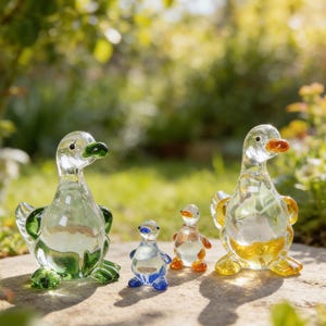 Puede incluir: Una colección de figuras de patos de cristal transparente con detalles verdes, azules y naranjas. Los patos varían en tamaño, el más grande tiene una base amarilla. Las figuras se exhiben al aire libre, con un fondo verde borroso.