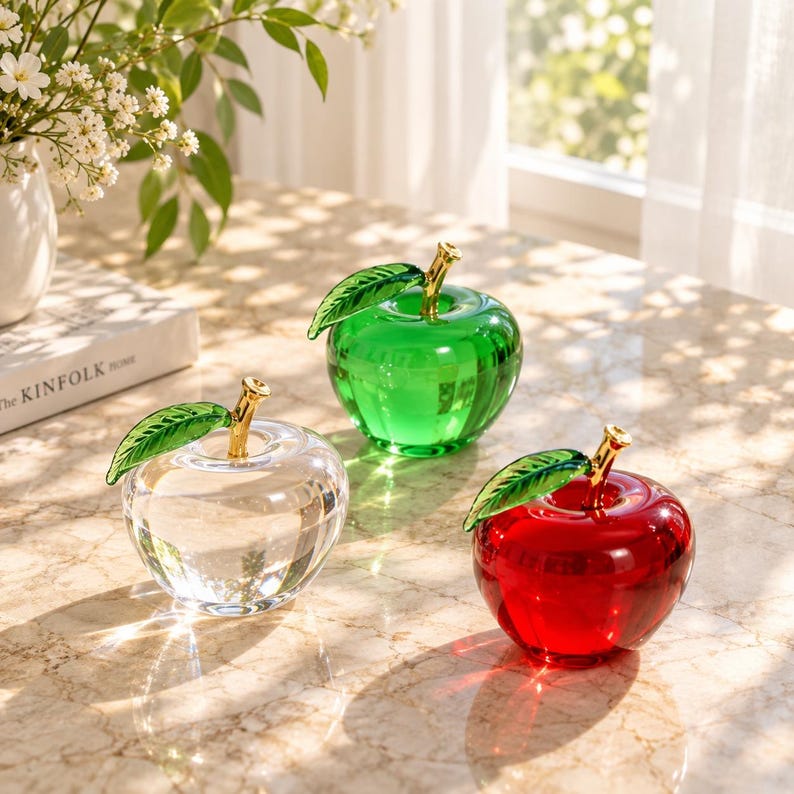 May include: Three glass apple figurines in clear, green, and red colors. Each apple features a gold-toned stem and a single green glass leaf attached to the top. The smooth, translucent surfaces reflect light, creating a polished appearance.