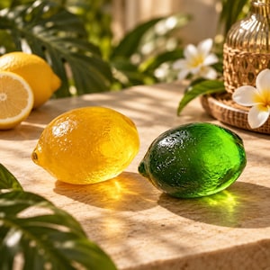 May include: Two glass fruit sculptures, one yellow lemon and one green lime, featuring a textured, translucent surface. These decorative objects are positioned on a light-colored surface, with a real lemon and white flowers visible in the background.