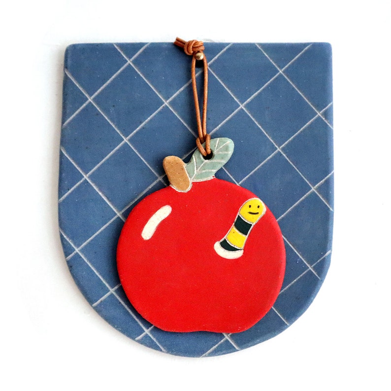 Apple with Worm Ornament and Blue Basket Hanging image 3