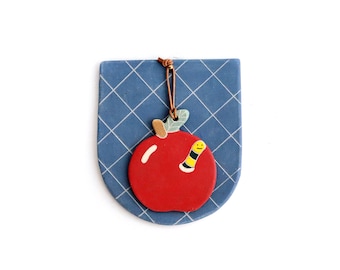 Apple with Worm Ornament and Blue Basket Hanging