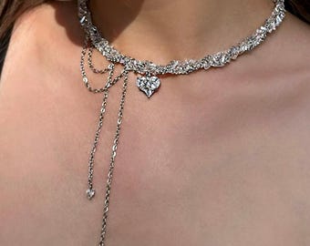 Elegante harthanger kristallen choker, sierlijke bengelende bruidsoorbellen, bruiloftssieradenset, gedraaide armband