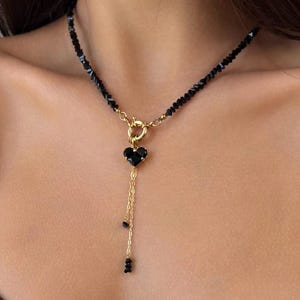 Black heart lariat necklace, dangle dainty earrings, gothic teen jewelry set, birthday gift for her, pendant o ring necklace, drop earrings
