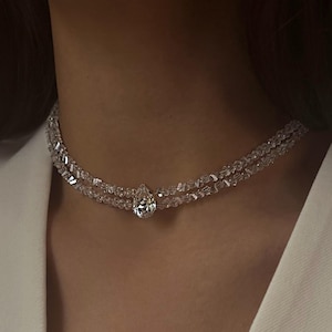 Zarte Hochzeit Schmuck-Set, doppelte Braut Choker, zarte Ohrstecker, transparente Halskette, Geschenk für Frauen, Brautjungfer Schmuck