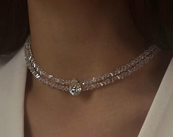 Dainty wedding jewelry set, double bridal choker, delicate stud earrings, transparent necklace, gift for women, bridesmaid jewelry