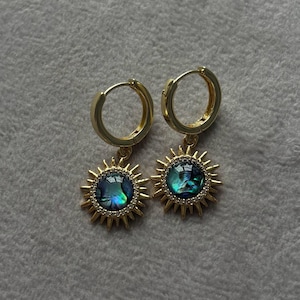 Dangle celestial earrings, dainty sun earrings, sunburst earrings, solar jewelry, birthday gift for her, green earrings, girlfriend gift