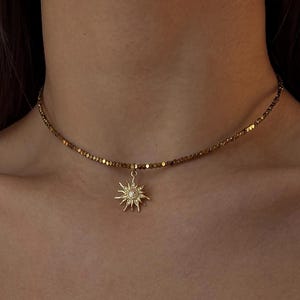 Hematite sun pendant choker, dainty celestial jewelry, gold plated pendant, sun charm choker, gift for her, everyday necklace, birthday gift