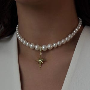 North star jewelry set, starburst pendant choker, dangle star earrings, pearl celestial necklace, gift for her, dainty jewelry, women gift