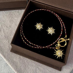 Red garnet bead choker, stud sun earrings, celestial matching jewelry set, girlfriend gift, dainty pendant necklace, teen girl birthday gift