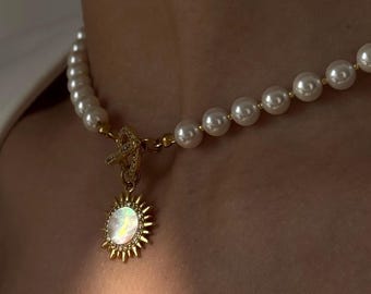 Mother of pearl sun pendant necklace, celestial dangle earrings, women jewelry set, valentines day gift