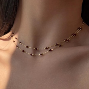 Double layered garnet bead choker, dainty minimalist necklace, red gemstone choker, anniversary gifts, delicate necklace, gift for wife