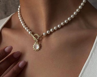 Sun pendant toggle necklace, mother of pearl celestial earrings, women jewelry set