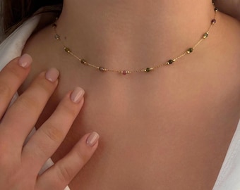 Minimalist Turmalin Choker, lange Ohrringe, Brautjungfer Schmuck Set, zierliche Halskette, lineare Ohrringe, Geschenk zum Jahrestag