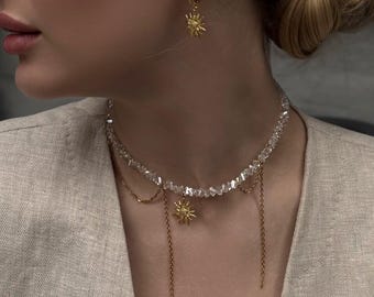 Statement celestial jewelry set, dangle pendant choker, gold plated sun earrings