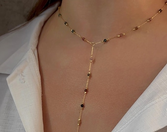 Delicado collar de turmalina, collar de lazo largo, collar minimalista de piedras preciosas, regalo para mamá, joyería de dama de honor, regalo de aniversario para ella