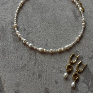 Wedding jewelry set, dainty pearl choker, bridal drop earrings, bridesmaid jewelry, real pearl necklace, dangle earrings, delicate necklace