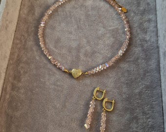 Rosa Brautjungfer Schmuck-Set, zierliche Herz Choker, zarte lange Ohrringe, Jahrestag Geschenk, Minimalist Liebe Halskette, Tropfen Ohrringe