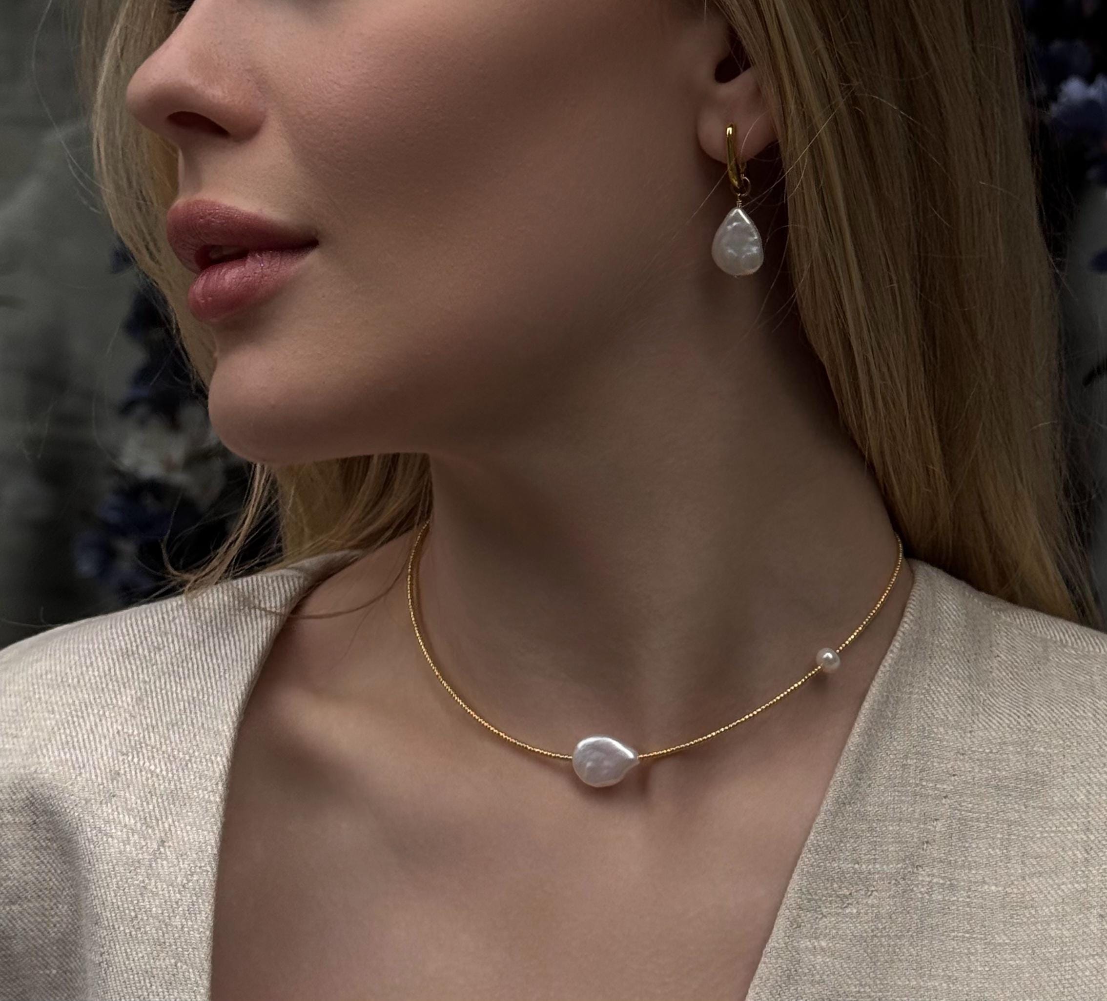 Zetanu Pearl Choker Necklace & Earrings Set - Silver Plated Flower Bridal Jewelry For Women